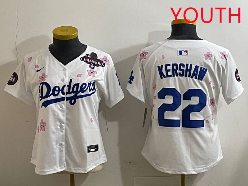 Youth Los Angeles Dodgers #22 Kershaw White Sakura Edition 2025 Nike MLB Jersey style 5->youth mlb jersey->Youth Jersey